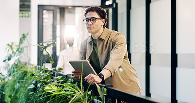 Buy stock photo Man, idea  and tablet in office with sustainable business, research or thinking with ESG compliance. Person, agenda and online in eco friendly company with tech, review or audit for carbon footprint