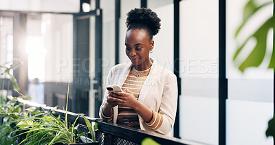 Buy stock photo Smile, phone and research with business black woman in office for reading, contact and sustainability email. Esg newsletter online csr report and communication with person in creative agency for post