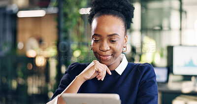 Buy stock photo Tablet, research and black woman in office with statistics for finance report with stock market analysis. Digital technology, reading and financial advisor on app for investment revenue in workplace.