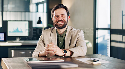 Buy stock photo Smile, professional and portrait of businessman in office with confidence for finance career. Happy, statistics and financial manager with pride for corporate about us in workplace in Germany.