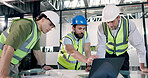 Architect, team and meeting with laptop for construction planning or building design in office. Male people, civil engineer or contractors with computer for architecture development or brainstorming