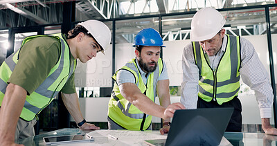Buy stock photo Architect, team and meeting with laptop for construction planning or building design in office. Male people, civil engineer or contractors with computer for architecture development or brainstorming