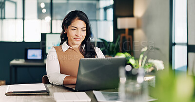 Buy stock photo Office, typing and business woman on laptop for financial review, sales analysis and budget planning. Online, manager and person on computer for finance proposal, report and research for strategy