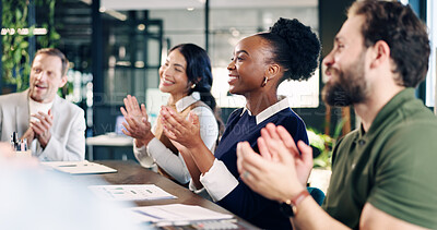 Buy stock photo Smile, business and people in meeting with applause, good news and achievement of workshop. Team, clapping and presentation in office for well done, training success and celebration for company goals