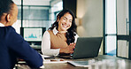 Business, woman and meeting in office with laptop, planning and data analysis for company revenue. Smile, people and team in workplace with pc, audit strategy and graph information for finance profit