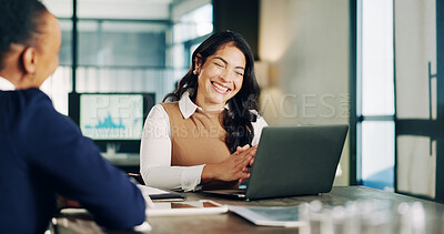 Buy stock photo Business, woman and meeting in office with laptop, planning and data analysis for company revenue. Smile, people and team in workplace with pc, audit strategy and graph information for finance profit
