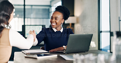 Buy stock photo Handshake, meeting and business women in office for deal, agreement or finance partnership. Happy, discussion and financial advisor shaking hands with investor with investment merger in workplace.