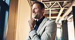 Thinking, realtor and businessman with smile in building, ambitious or planning for property listing. Real estate agent, reflection and mature person with decision for project, happy  and remember
