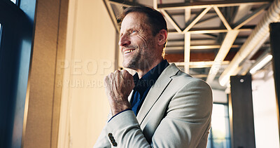 Buy stock photo Thinking, realtor and businessman with smile in building, ambitious or planning for property listing. Real estate agent, reflection and mature person with decision for project, happy  and remember