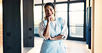 Confident, portrait and businesswoman with arms crossed in building, happiness or real estate career. Realtor, smile and person with ambition, property development and investment opportunity in USA