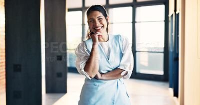 Buy stock photo Confident, portrait and businesswoman with arms crossed in building, happiness or real estate career. Realtor, smile and person with ambition, property development and investment opportunity in USA