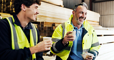 Buy stock photo Woodwork, people or conversation with coffee for lunch break or rest together in carpentry workshop. Happy men, carpenters or contractors with smile, food or drink for social discussion in warehouse