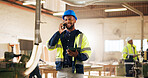 Carpentry, phone call and man in factory with tablet for project management, agenda or lumber order. Woodworker, tech and smile in warehouse for timber supply, schedule update or supplier agreement