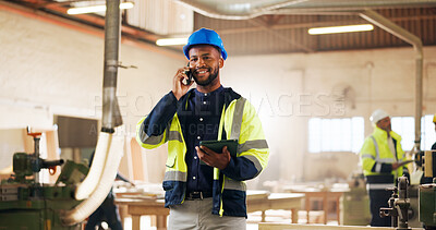 Buy stock photo Carpentry, phone call and man in factory with tablet for project management, agenda or lumber order. Woodworker, tech and smile in warehouse for timber supply, schedule update or supplier agreement