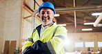 Man, carpenter and arms crossed in workshop with smile, career pride and about us for woodwork. Portrait, mature person or flare in factory with ambition, carpentry skills and manufacturing furniture