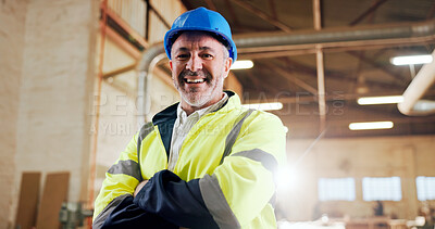 Buy stock photo Man, carpenter and arms crossed in workshop with smile, career pride and about us for woodwork. Portrait, mature person or flare in factory with ambition, carpentry skills and manufacturing furniture