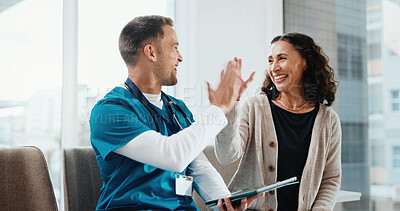 Buy stock photo High five, patient and doctor with tablet for test results, success or good news for surgery. Gesture, happy and mature woman with healthcare and tech for donor list, database or transplant in clinic