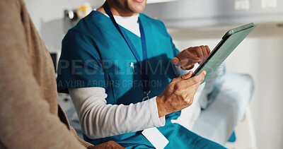 Buy stock photo Hands, nurse and tablet for patient consultant, medical history or assessment report in clinic. People, tech and healthcare worker at appointment for checkup, wellness review or diagnosis results