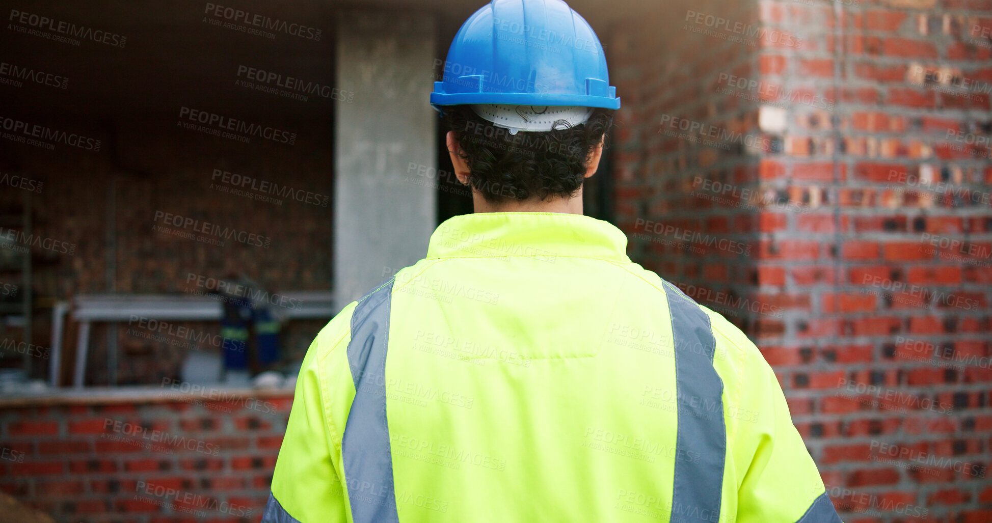 Buy stock photo Engineer, back and inspection with man at construction site for building progress, remodeling and expansion. Architecture, renovation process and planning with person outdoor as contractor or foreman