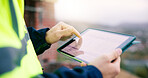 Hands, architect and tablet screen at site for construction, schedule and progress report. Person, reading or digital outdoor with checklist, safety inspection and material inventory for architecture