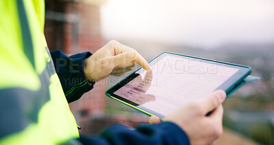Buy stock photo Hands, architect and tablet screen at site for construction, schedule and progress report. Person, reading or digital outdoor with checklist, safety inspection and material inventory for architecture