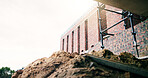 Sand, construction site and real estate project for infrastructure, development and home renovation. Property, brick wall and architecture with structure, building material and space for engineering