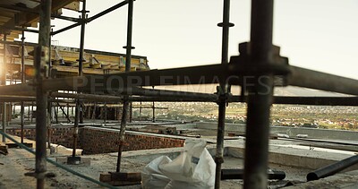 Buy stock photo Building, scaffolding and construction site for structure, framework and architecture project. Exterior, design or rooftop at worksite for foundation, skeleton safety and development for upgrade