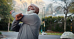 Fitness, start or black man outdoor with stretch, arm mobility or injury prevention in retirement activity. Wellness, active or senior person with preparing, shoulder or muscle improvement in warm up