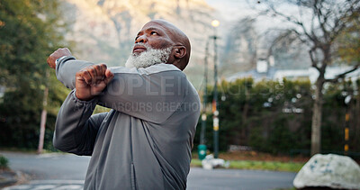 Buy stock photo Fitness, start or black man outdoor with stretch, arm mobility or injury prevention in retirement activity. Wellness, active or senior person with preparing, shoulder or muscle improvement in warm up