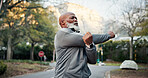 Retirement, stretch or black man with pain, fitness issue or joint health in wellness hobby. Arthritis, sore arm or senior person with warm up, muscle strain or injury prevention in outdoor activity.