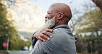 Fitness, risk or old man outdoor with shoulder pain, arm issue or joint health in senior hobby. Arthritis, sore or black person with warm up, muscle strain or injury prevention in retirement activity