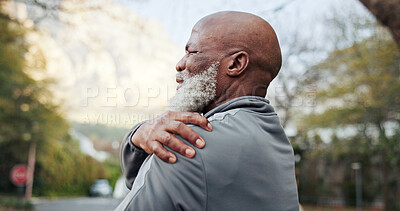 Buy stock photo Fitness, risk or old man outdoor with shoulder pain, arm issue or joint health in senior hobby. Arthritis, sore or black person with warm up, muscle strain or injury prevention in retirement activity