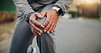 Hands, person and knee pain in nature for fitness, accident and muscle strain from exercise. Athlete, runner and discomfort outdoor with joint inflammation, ACL injury and burnout from cardio sports