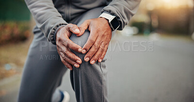 Buy stock photo Hands, person and knee pain in nature for fitness, accident and muscle strain from exercise. Athlete, runner and discomfort outdoor with joint inflammation, ACL injury and burnout from cardio sports