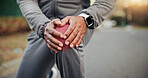 Hands, person and knee pain outdoor for fitness, accident and muscle strain from exercise. Runner, discomfort and red glow in nature with joint inflammation, ACL injury and burnout from cardio sports