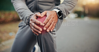 Buy stock photo Hands, person and knee pain outdoor for fitness, accident and muscle strain from exercise. Runner, discomfort and red glow in nature with joint inflammation, ACL injury and burnout from cardio sports
