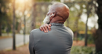 Buy stock photo Fitness, arthritis or old man in park with shoulder pain, arm issue or joint health in outdoor hobby. Back, bokeh or senior person with tech, muscle strain or injury prevention in retirement activity