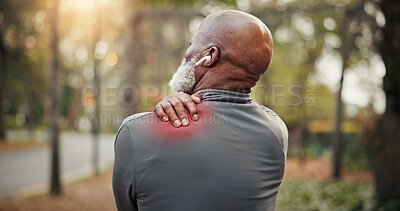 Buy stock photo Back, old man and shoulder pain in nature for fitness, accident or muscle strain from exercise. Senior person, discomfort and red glow at park with joint cramps, injury and burnout from cardio sports
