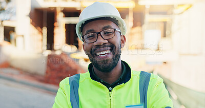 Buy stock photo Laugh, portrait and black man at construction site for project, safety compliance and infrastructure. Contractor, happy and person with ppe, helmet and glasses for career, engineering and building
