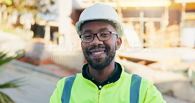 Buy stock photo Happy, portrait and black man at construction site for project, safety compliance and infrastructure. Contractor, confidence and person with ppe, helmet and smile for career, engineering and building
