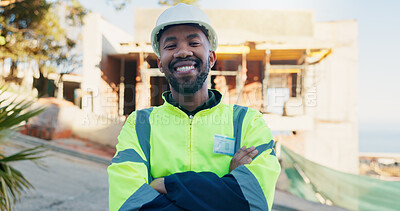 Buy stock photo Crossed arms, portrait and black man at construction site for building, safety or civil engineering. Contractor, happy and person in ppe, helmet and confident for career, renovation or infrastructure