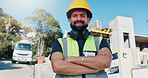 Construction, portrait and happy man outdoor with helmet for renovation, remodeling or architecture. Contractor, low angle and person with ppe for property development, building and crossed arms