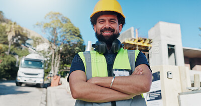 Buy stock photo Construction, portrait and happy man outdoor with helmet for renovation, remodeling or architecture. Contractor, low angle and person with ppe for property development, building and crossed arms