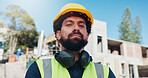 Construction, portrait and man outdoor with helmet for renovation, safety compliance and development. Contractor, confidence and person with ppe for demolition job, engineering and building project
