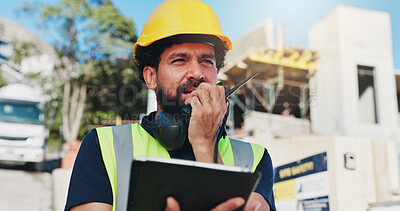 Buy stock photo Civil engineer, radio and man with tablet on construction site, project management and communication. Architect, discussion and person with technology, property development and renovation update