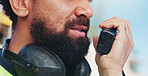 Radio, contractor and hands with man on construction site for project management or property development. Architecture, update and communication with person for engineering and building inspection