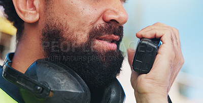 Buy stock photo Radio, contractor and hands with man on construction site for project management or property development. Architecture, update and communication with person for engineering and building inspection