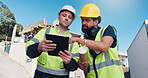 Construction, talk and men with tablet on site for digital blueprint, renovation progress or update. Team, architect or foreman on tech for building inspection, information request or code compliance