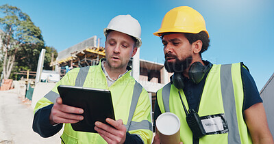 Buy stock photo Construction, talk and team with tablet on site for digital blueprint, renovation progress or update. Men, architect and foreman on tech for building inspection, project timeline and code compliance