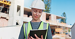 Architect, online and woman with tablet on construction site, project management and design research. Happy, civil engineer and person with technology, architecture and plan for property development